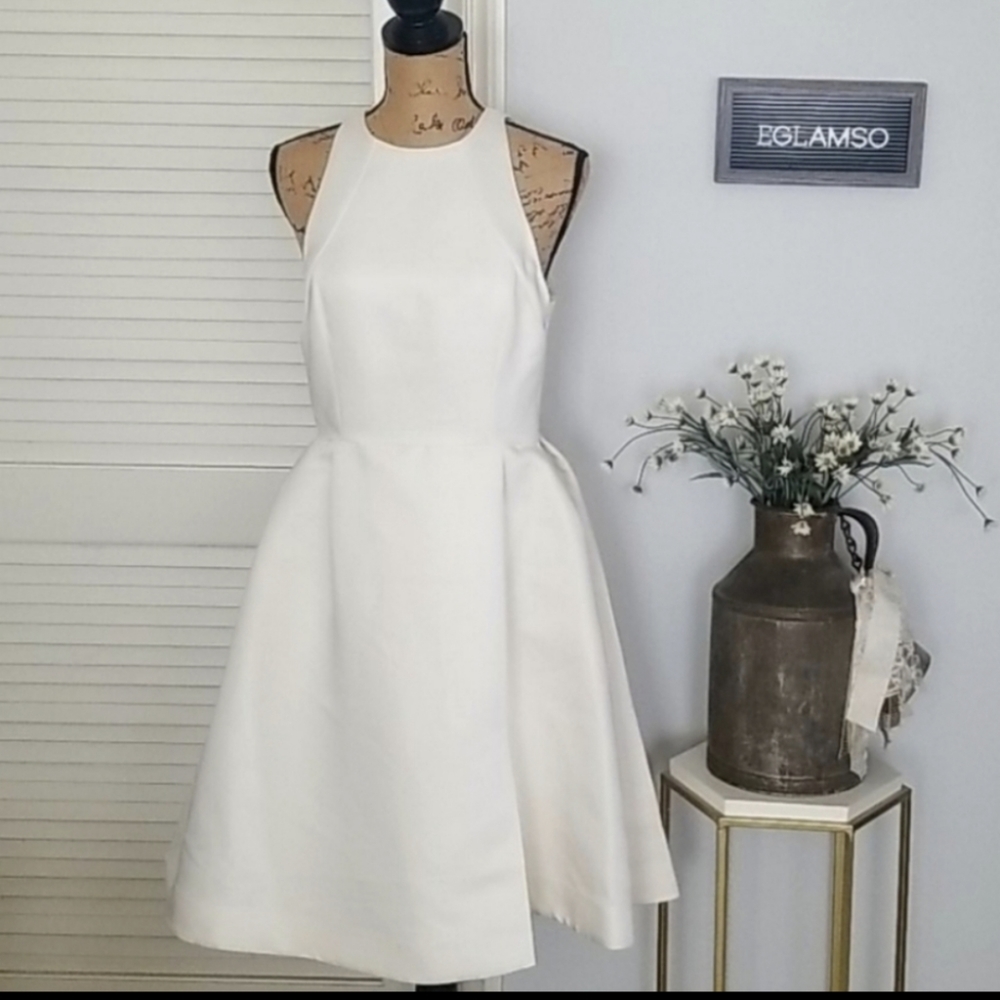 "Elegant Flair: Halston Heritage Satin Fit-and-Flare Dress" - Picture 2 of 10